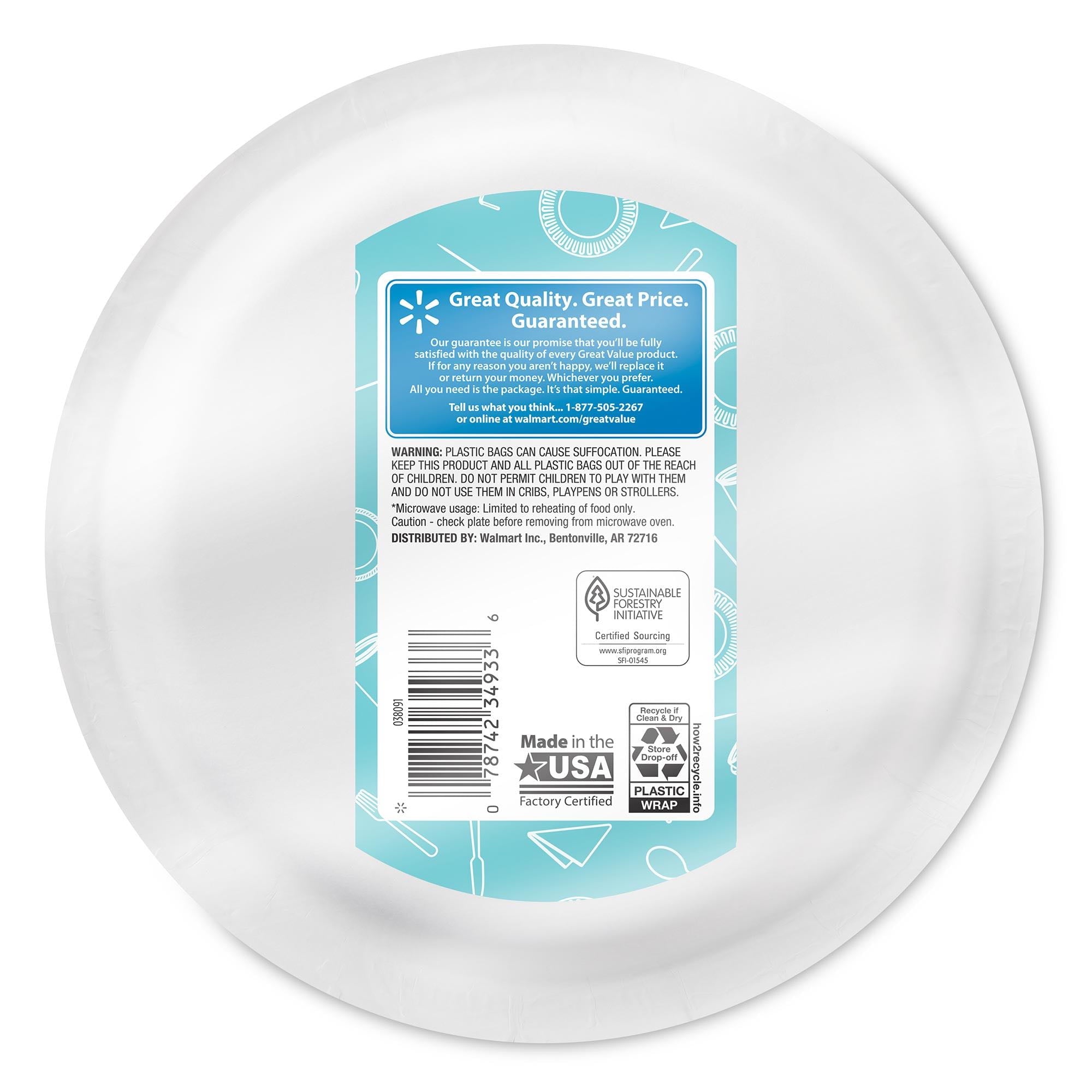 Great Value Everyday Strong, Soak Proof, Microwave Safe, Disposable Paper Plates, 10