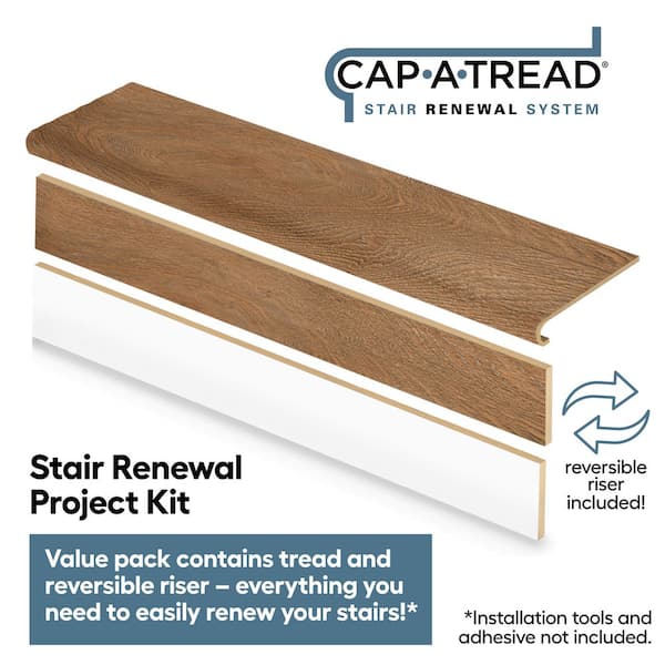 Perryridge Oak 47 in. L x 12.15 in. W x 1.69 in. T Laminate Stair Tread and Reversible Riser Kit Adhesive