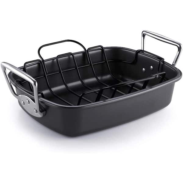 17 in. x 13 in. 12 qt. Black Aluminum Nonstick Roasting Pans with Rack