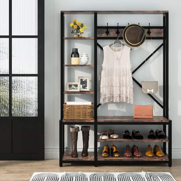 Billie Rustic Brown Wood Hall Tree with Side Storage Shelves for Entryway Living Room Bedroom