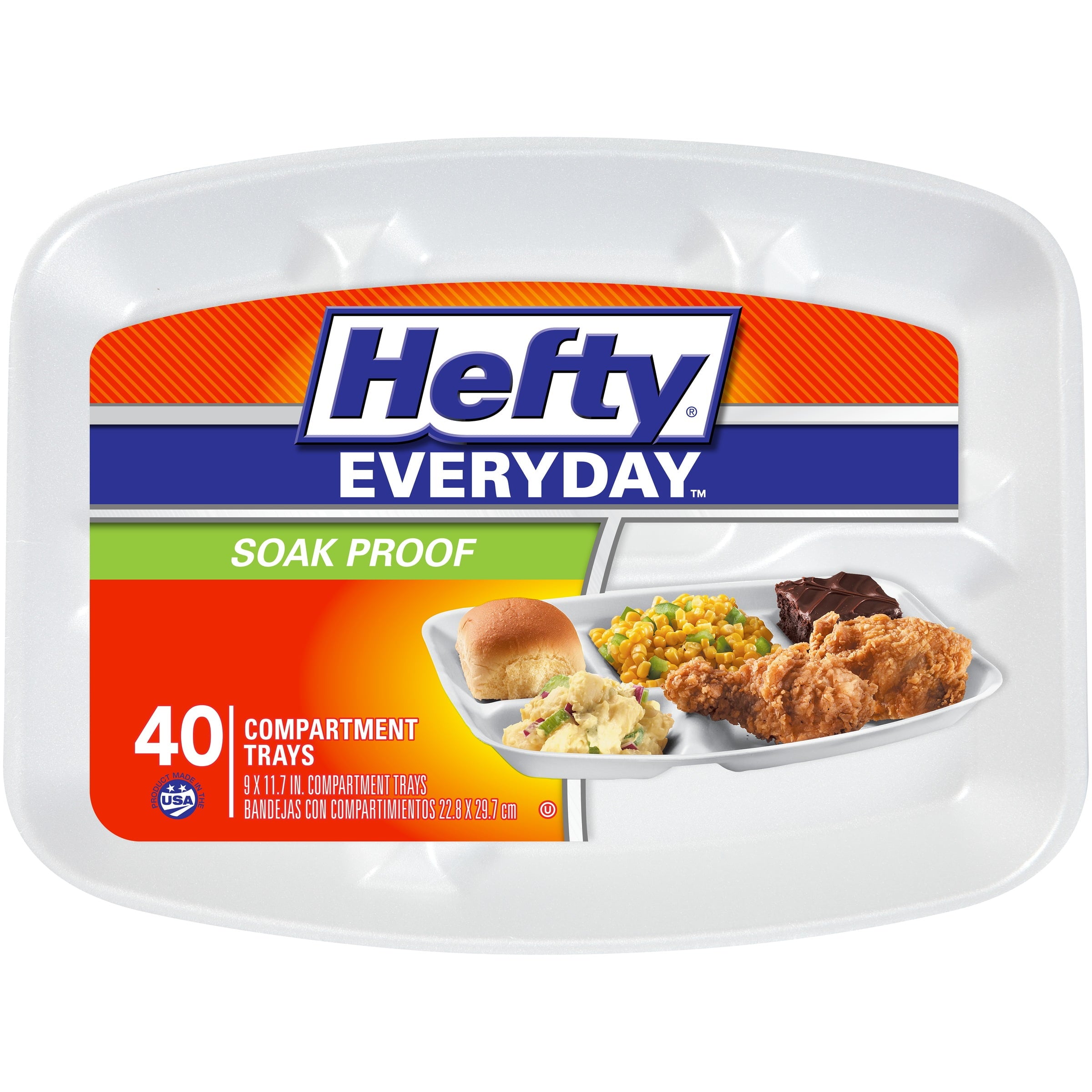Hefty Everyday Soak-Proof Foam Compartment Tray, White, 9 x 11 Inch, 40 Count