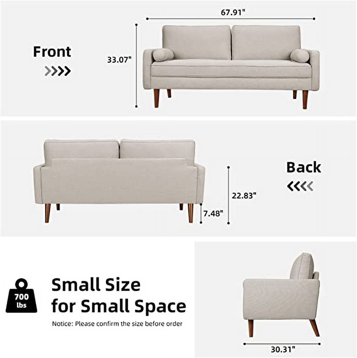 Light gray Small Couches, 68 inch Fabric Loveseat Sofa, 2 Seater Couch for Small Space, Button Tufted Seat Cushion, Square Armrest, 2 Throw Pillows, Modern Sofa for Bedroon, Living Room, Apartment