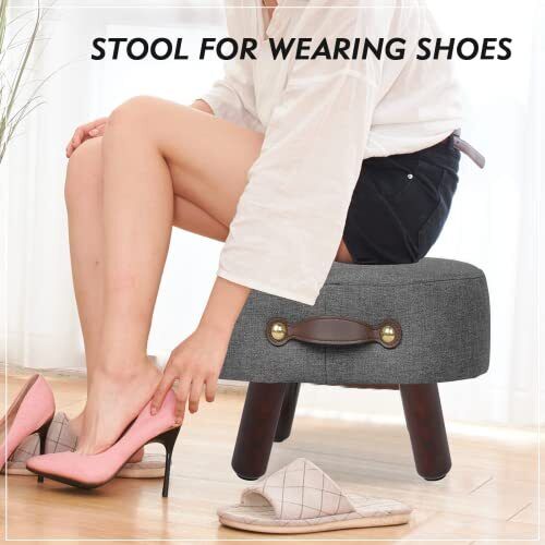 Footstool Ottoman with Handle Linen Curved Small Footstool Ottoman Footrest w...