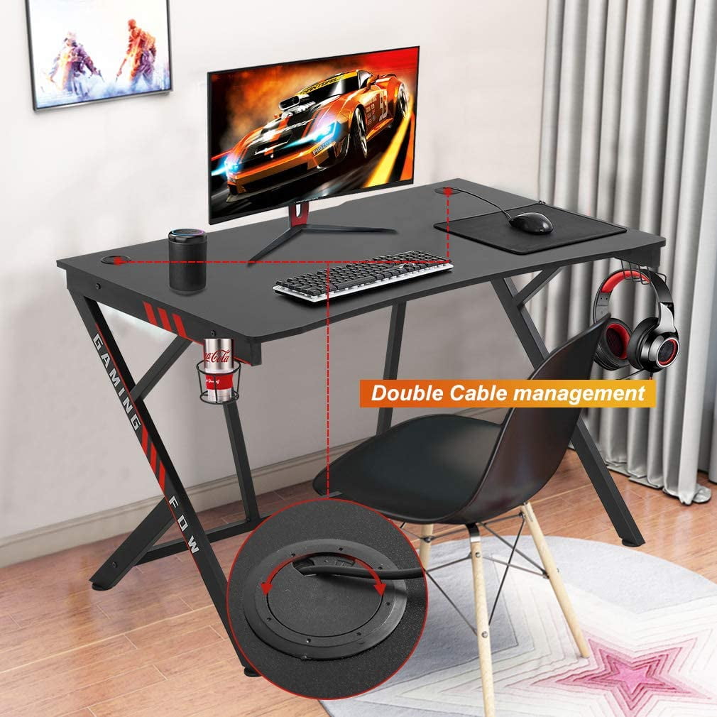 BestOffice Gaming Desk Computer Desk Home Office Desk Racing Style Study DeskExtra Large Modern Ergonomic PC Carbon Fiber Writing Desk Table with Cup Holder Headphone Hook，Red