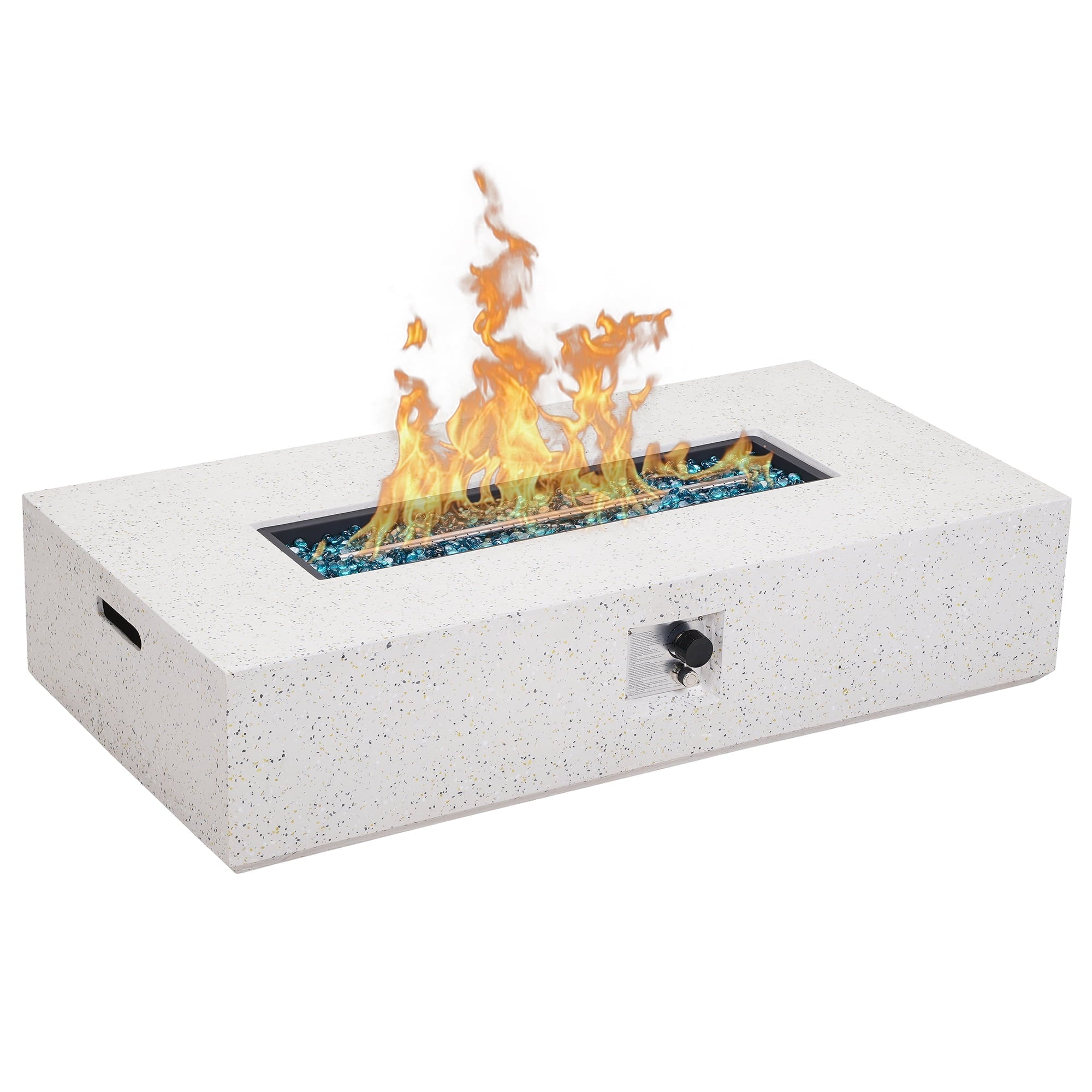 ESSENTIAL LOUNGER 56 inch Concrete Propane Fire Pit Table, 50,000 BTU Outdoor Firepit Rectangular Table for Garden＆Patio, with Propane Tank Metal Stand, Fire Glass Beads and Waterproof Cover, White