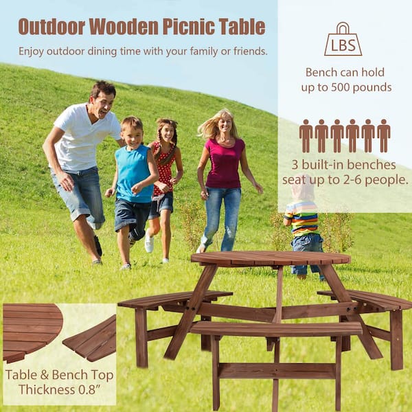 6-Person Circular Outdoor Wooden Picnic Table for Patio, Backyard, Garden, DIY with 3 Built-in Benches Brown