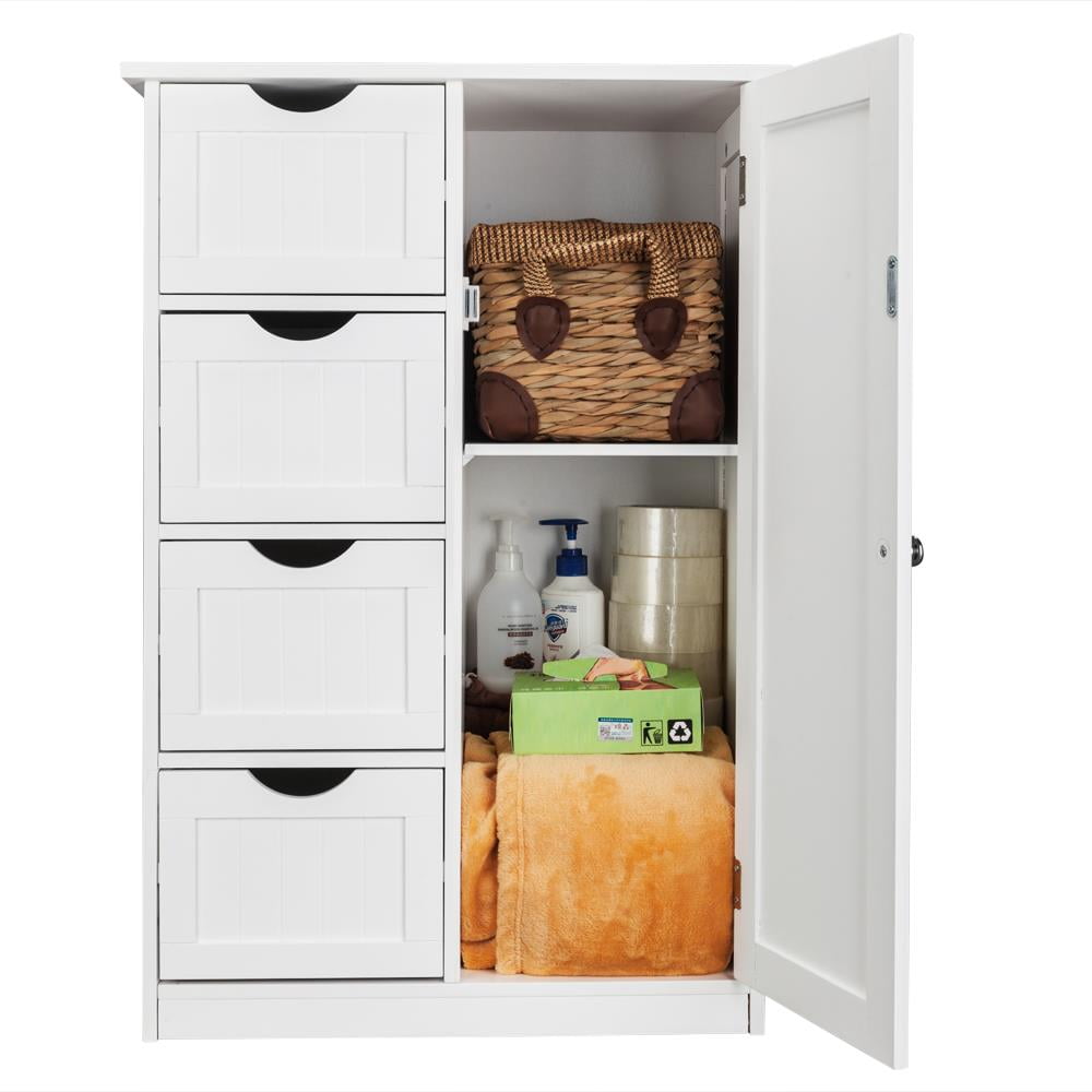 Ktaxon Wooden Bathroom Floor Cabinet,Side Storage Organizer Cabinet with 4 Drawers,1 Cupboard & 2-Shelves,MDF,White