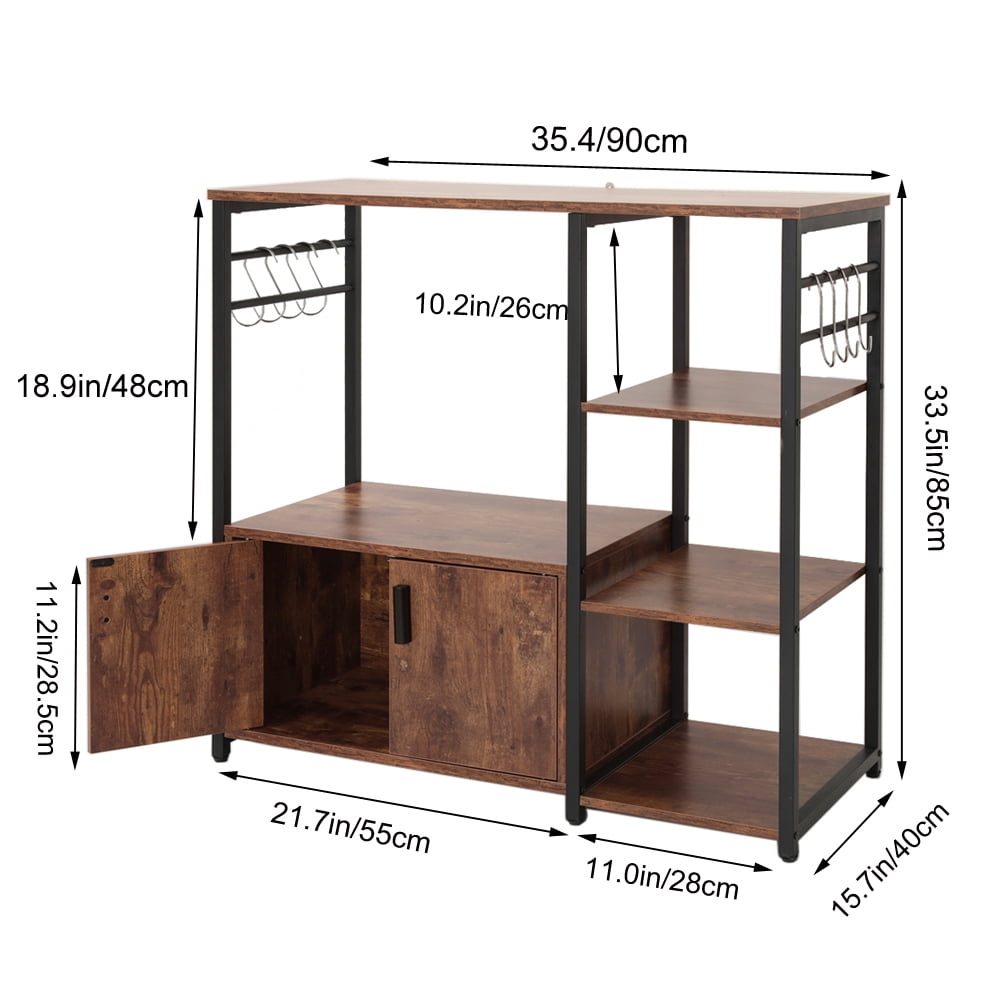 Kitchen Baker's Rack with Storage and 8 Hooks, 4 Tier Microwave Stand with Cabinet, Coffee Bar Station for Small Space, Rustic Brown