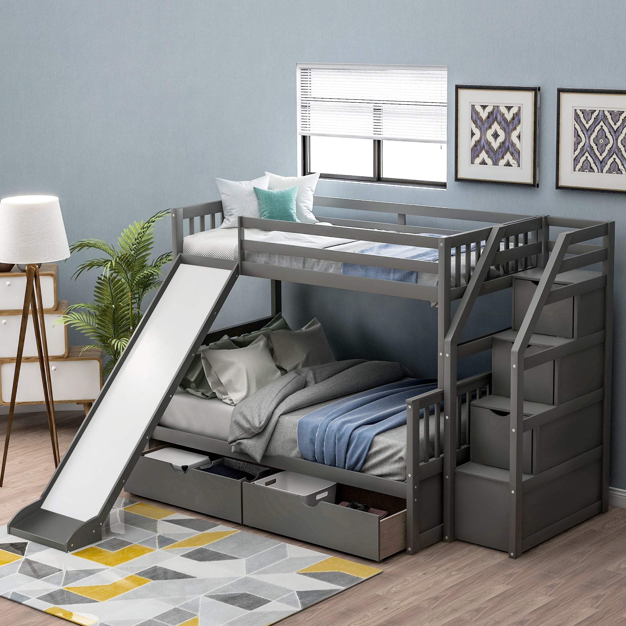 Euroco Wood Twin Over Full Bunk Bed with Drawers and Slide, Gray