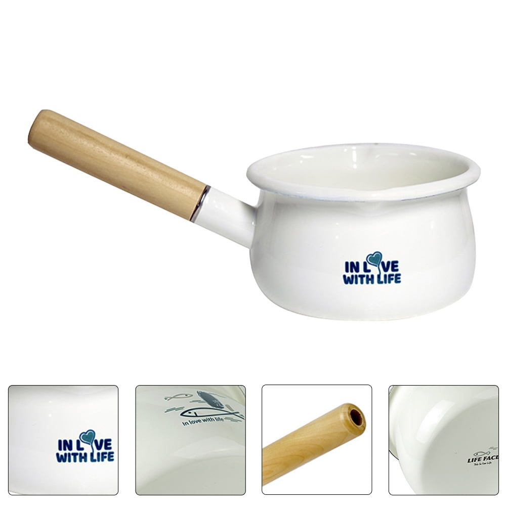 BESTONZON Enamel Pot Wooden Handle Cooking Pot Soup Pot Milk Pot Practical Baby Food Pot