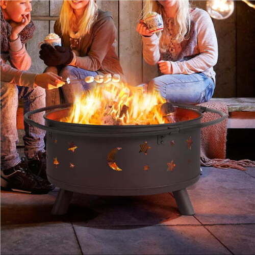 Iron Fire Pit Set Heating Equipment Camping Fire Bowl with Poker Mesh Cover BBQ