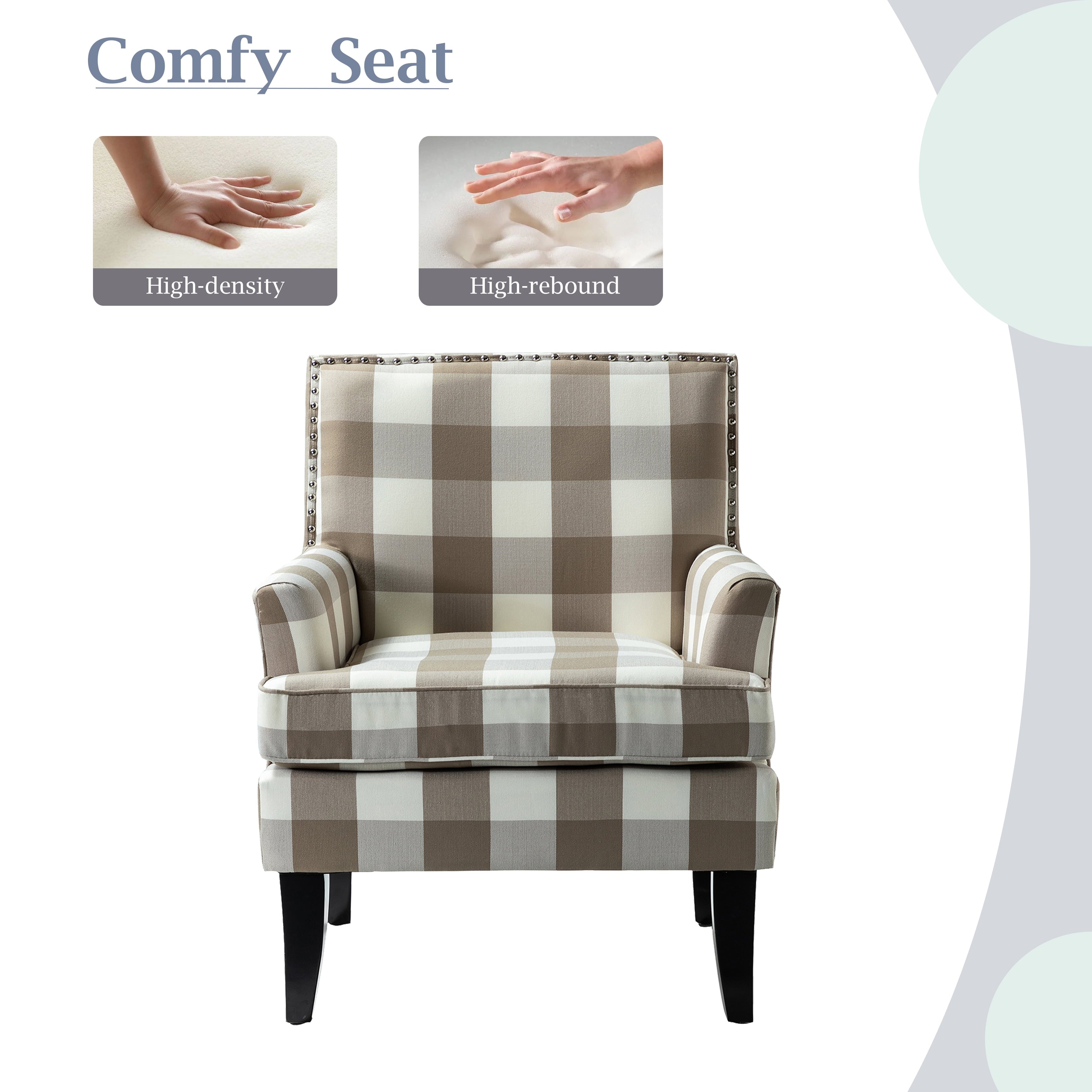 14 Karat Home Upholstery Armchair Accent Chair Sofa Couch Wood Legs Nailhead Trim Living Room Bedroom Plaid Grey White