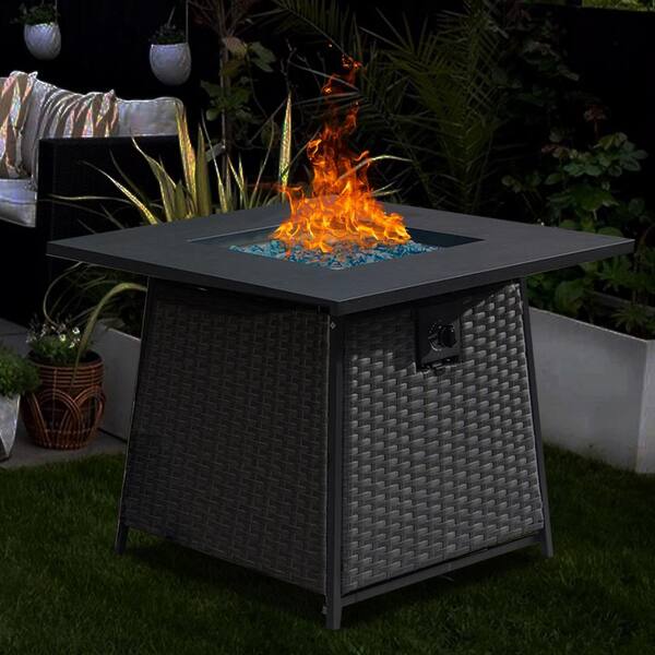 Dark Gray Square Metal 32 in. Propane Fire Pit Table with Blue Glass Ball and ETL-Certified