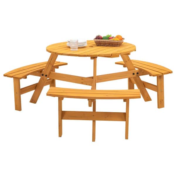 6-Person Circular Outdoor Wooden Picnic Table for Patio, Backyard, Garden with Umbrella Hole