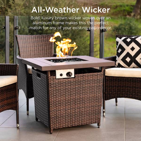 28 in. Brown Square Wicker Outdoor Propane Gas Fire Pit Table with Faux Wood Tabletop