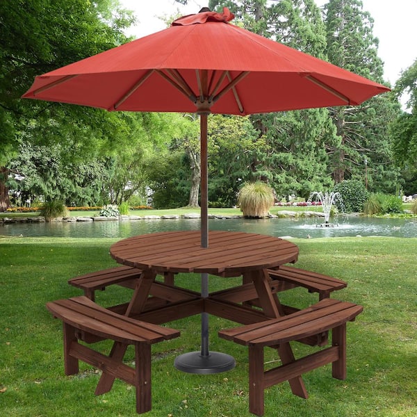 8-Person Circular Outdoor Wooden Picnic Table for Patio, Backyard, Garden with Umbrella Hole