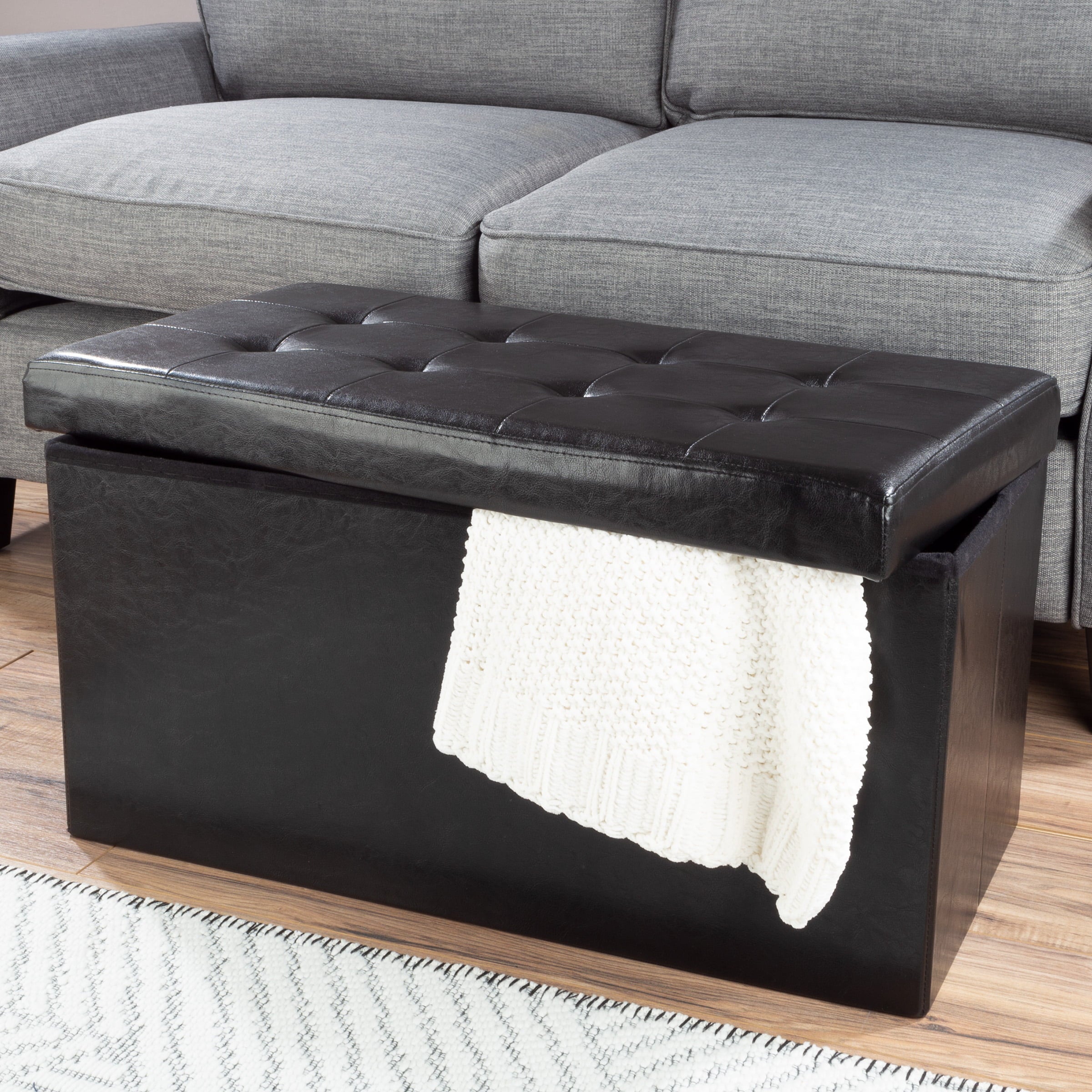 Lavish Home Faux Leather Folding Storage Ottoman with Padded Lid (Black)