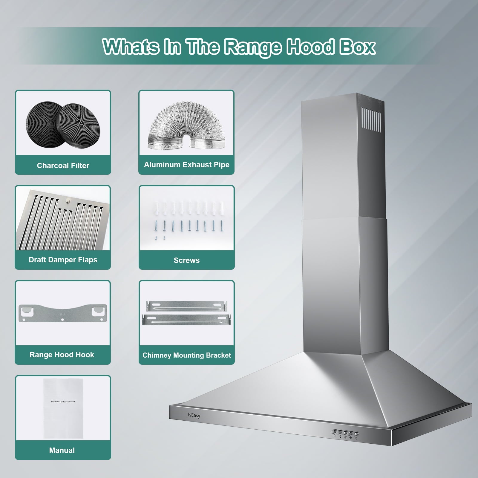 Range Hood 30 inch, IsEasy Wall Mount Vent Hood 500 CFM with Ducted Convertible Ductless Kitchen Hood in Stainless Steel, 3 Speed Exhaust Fan, LED Lights