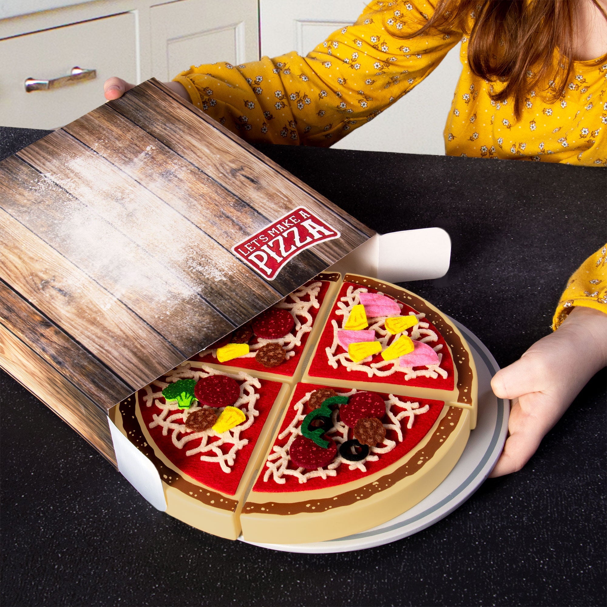 Make a Pizza - Pretend Food Playset with 4 Wooden Pie Slices, 140 Felt Toppings, Wood Roller, and 3-in-1 Cardboard Box Prep Station, Oven, & Serving Table - Cute Cooking Toys for Boys & Girls
