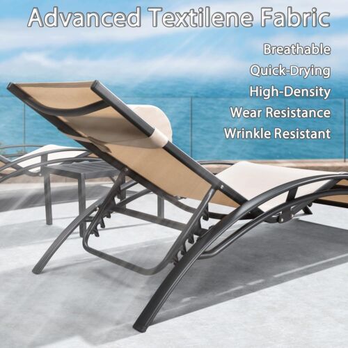 2 Patio Chaise Lounge Reclining Curved Chair Table Headrest Textile Metal Frame