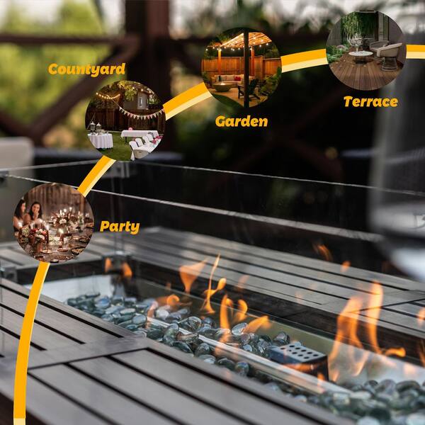 57 in. Aluminum Rectangular Fire Table with Glass Wind Guard, Nature Wood Coating