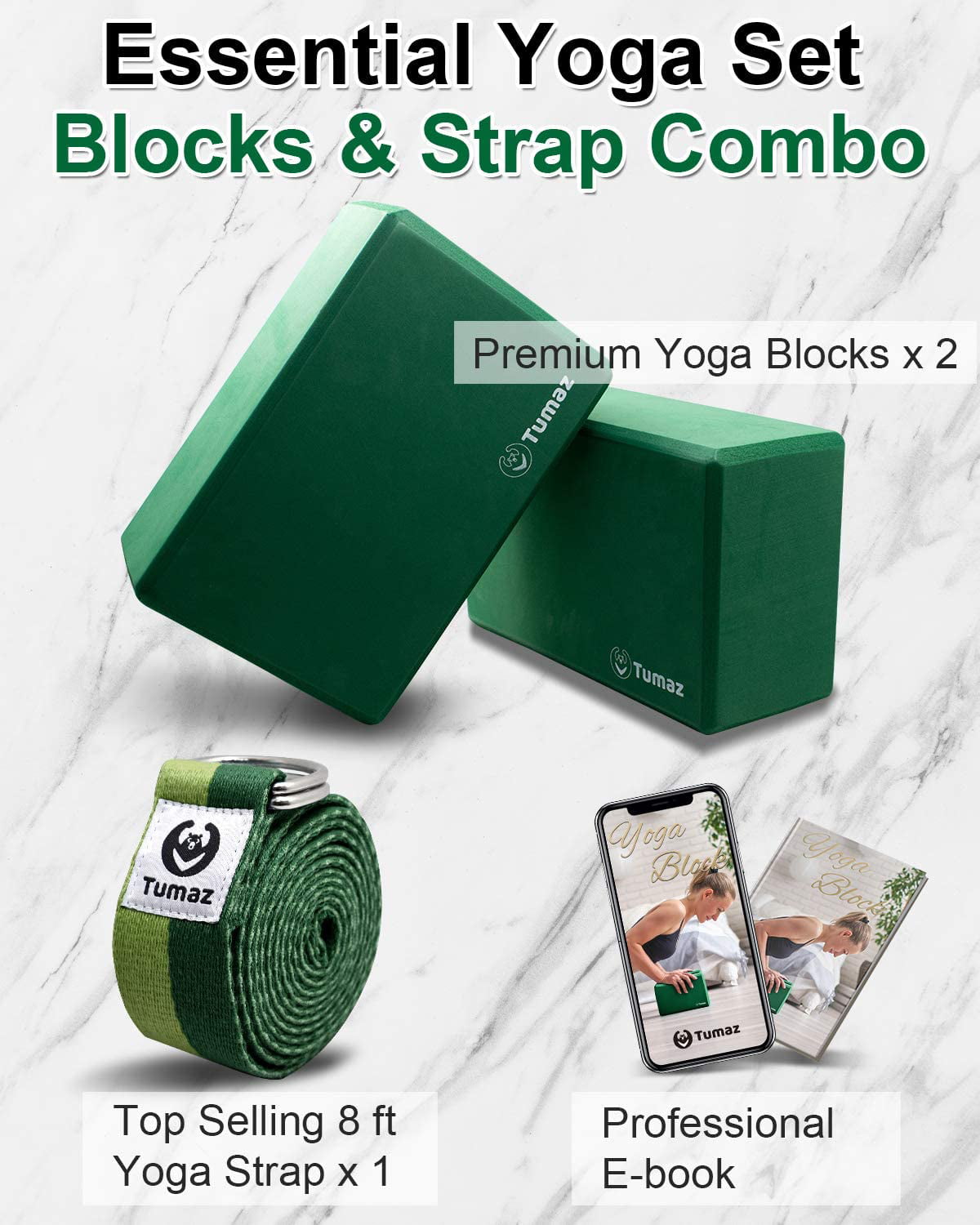 Tumaz Yoga Blocks 2 Pack with Strap, Lightweight Foam Yoga Blocks, Green