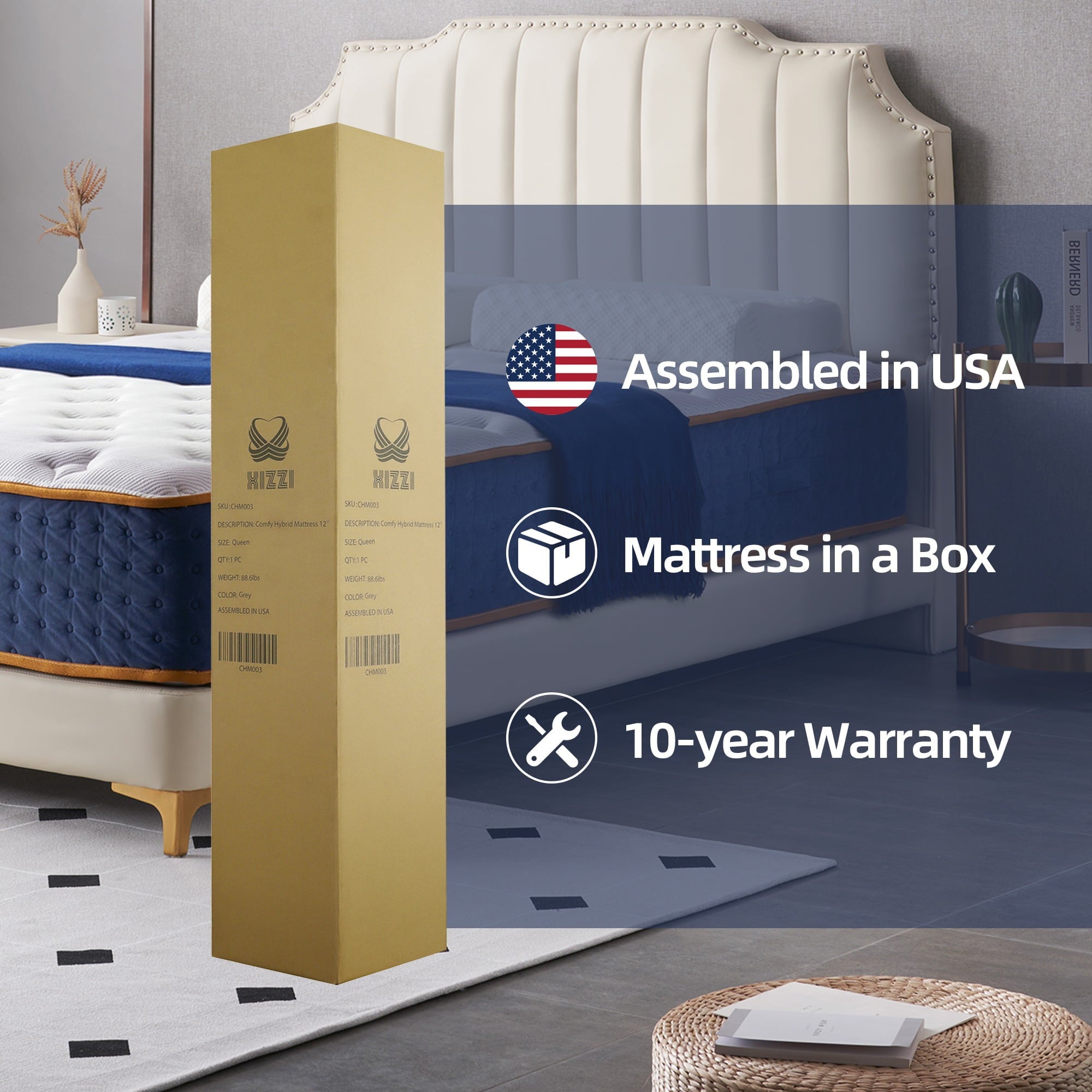 Queen 12 Inch Hybrid Mattress in a Box Medium-Firm Mattress with Cooling Gel Memory Foam for Pressure Relief