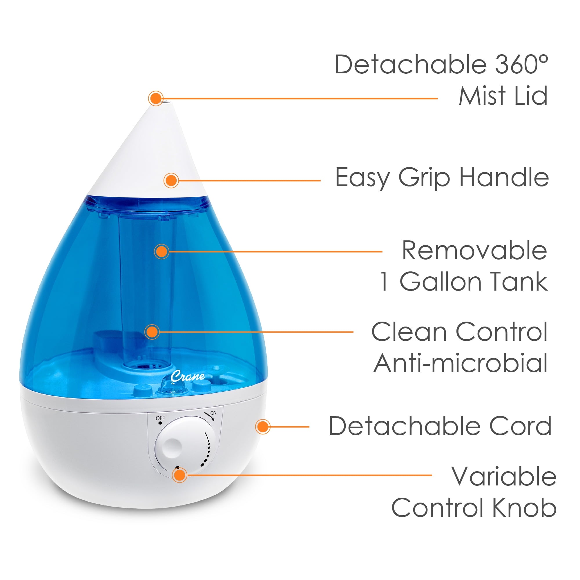 Crane Drop Ultrasonic Cool Mist Humidifier, 1.0 Gallon, 24 Hour Run Time, Whisper Quiet, 500 Sq. Ft. Coverage, Blue/White
