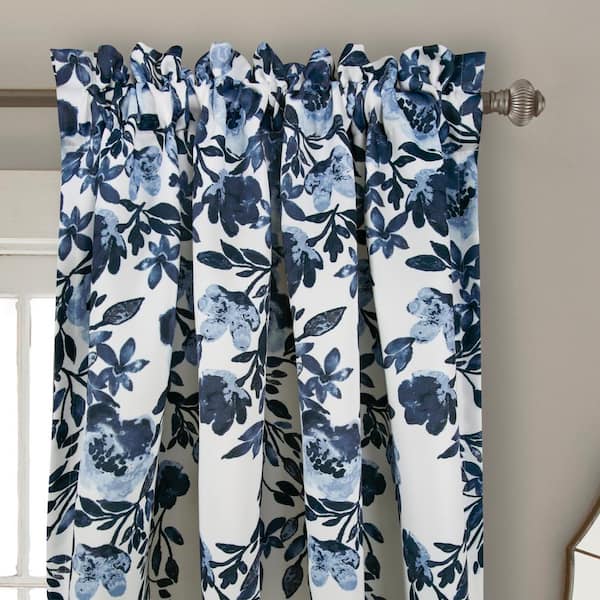Navy/White Floral Rod Pocket Room Darkening Curtain - 52 in. W x 95 in. L (Set of 2)