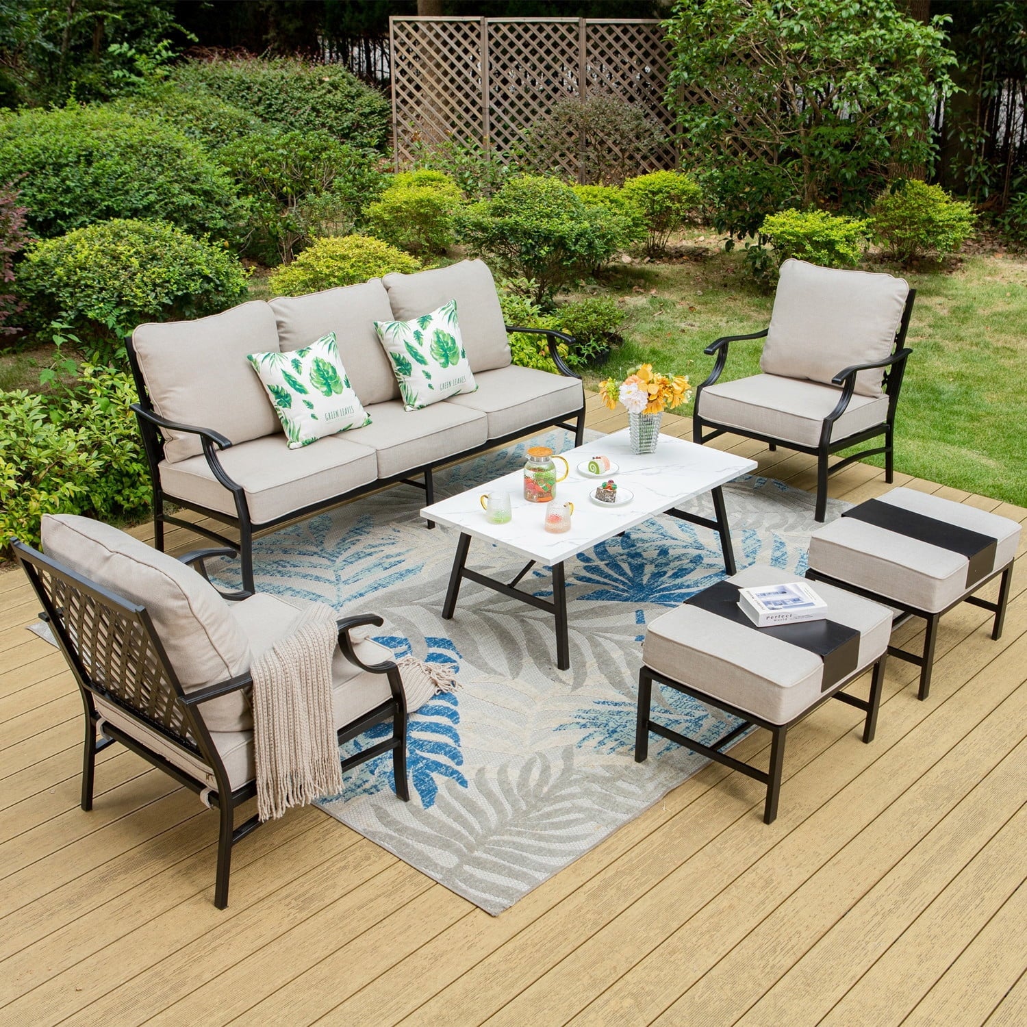 MF Studio 7-Seat Patio Conversation Set Metal Outdoor Furniture Sofa Set for 7 Person Beige