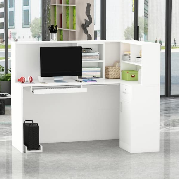 55.9 in. L Shaped White Wood Executive Desk Reception Desk Computer Writing Desk W/Removable Shelves, Drawer, Cabinet