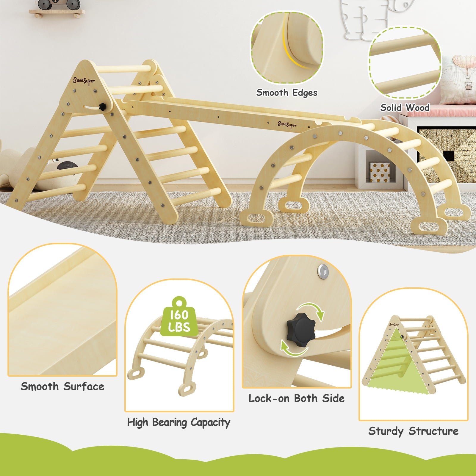 BanaSuper Large 3 in 1 Climbing Triangle Ladder with Ramp & Arch Foldable Wooden Climbing Triangle Set Montessori Climbing Toys for Baby Ourdoor Indoor Playground Play Gym Gift for Boys Girls