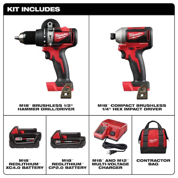 M18 18V Lithium-Ion Brushless Cordless Hammer Drill/Impact Combo Kit (2-Tool) with 2 Batteries, Charger and Bag