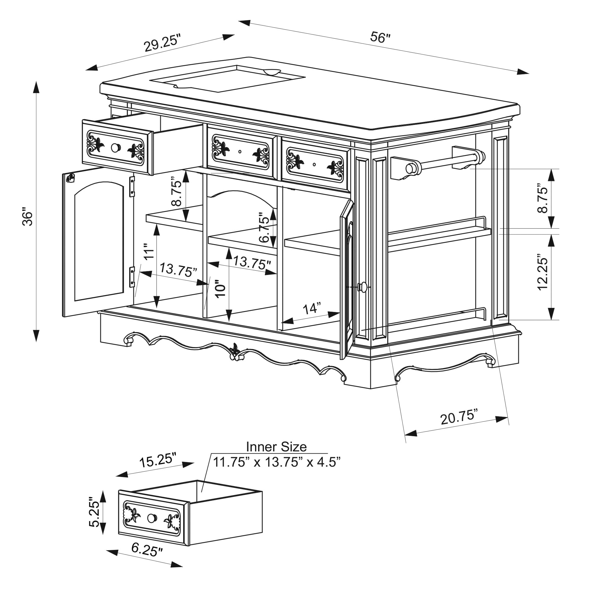 Pennfield Kitchen Island with Black Granite Removable Cutting Surface, Black and Natural