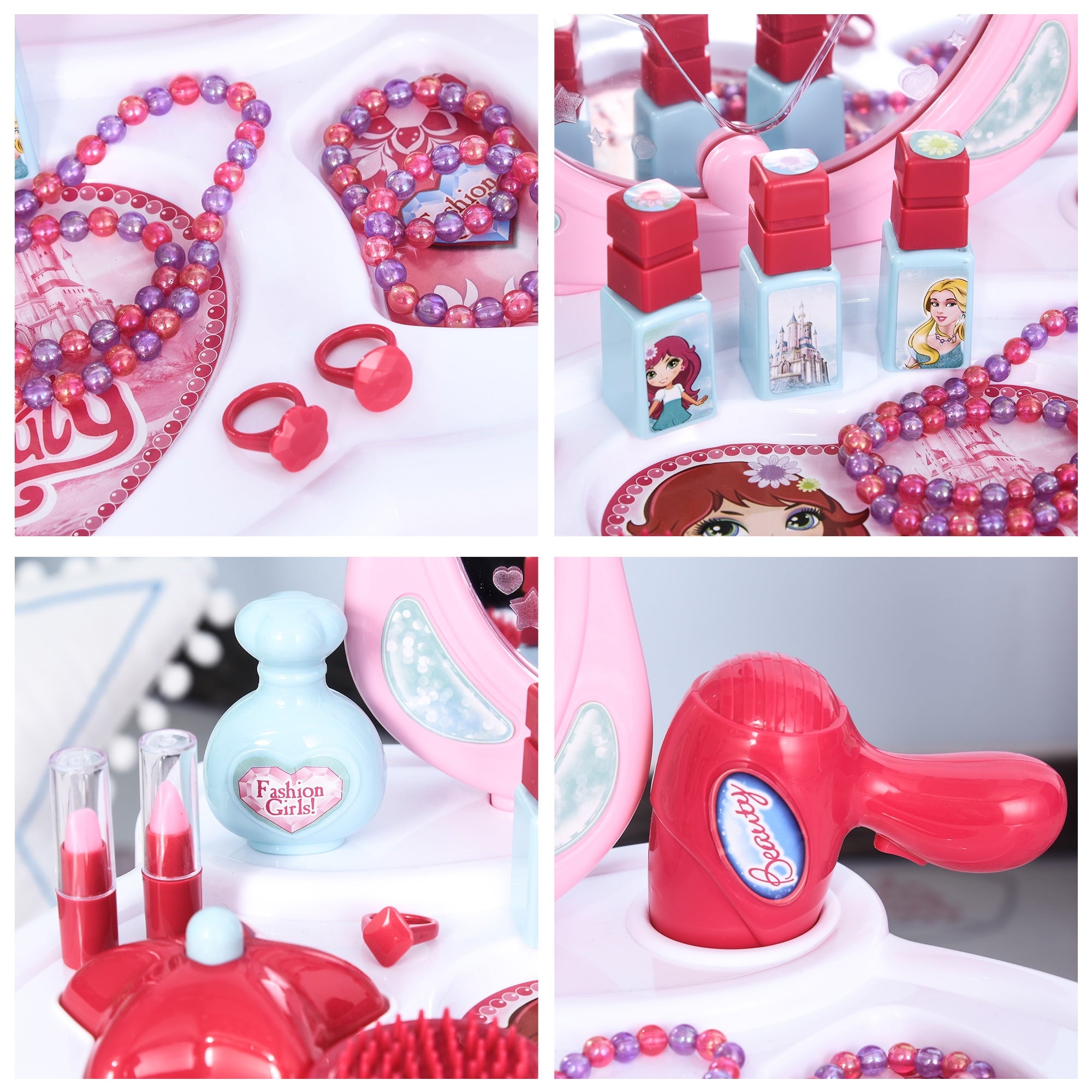 Qaba Children Dressing Table Set for Kids of 3-6 Years Dream Princess Vanity Set for Girls Make Up Table and Stool Set with Music and Lightening Pink White