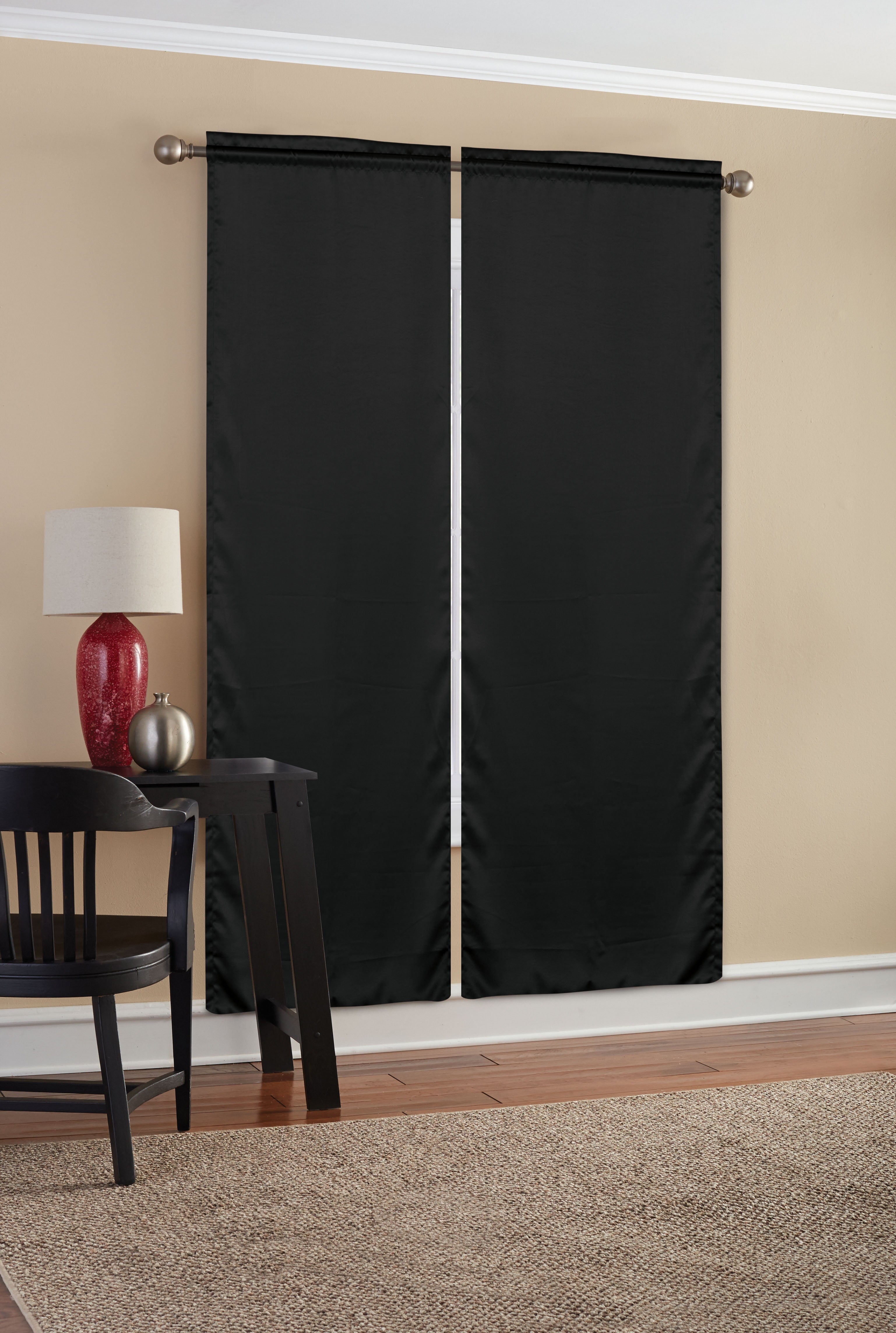 Mainstays Solid Black Room Darkening Rod Pocket Curtain Panel Pair, 30