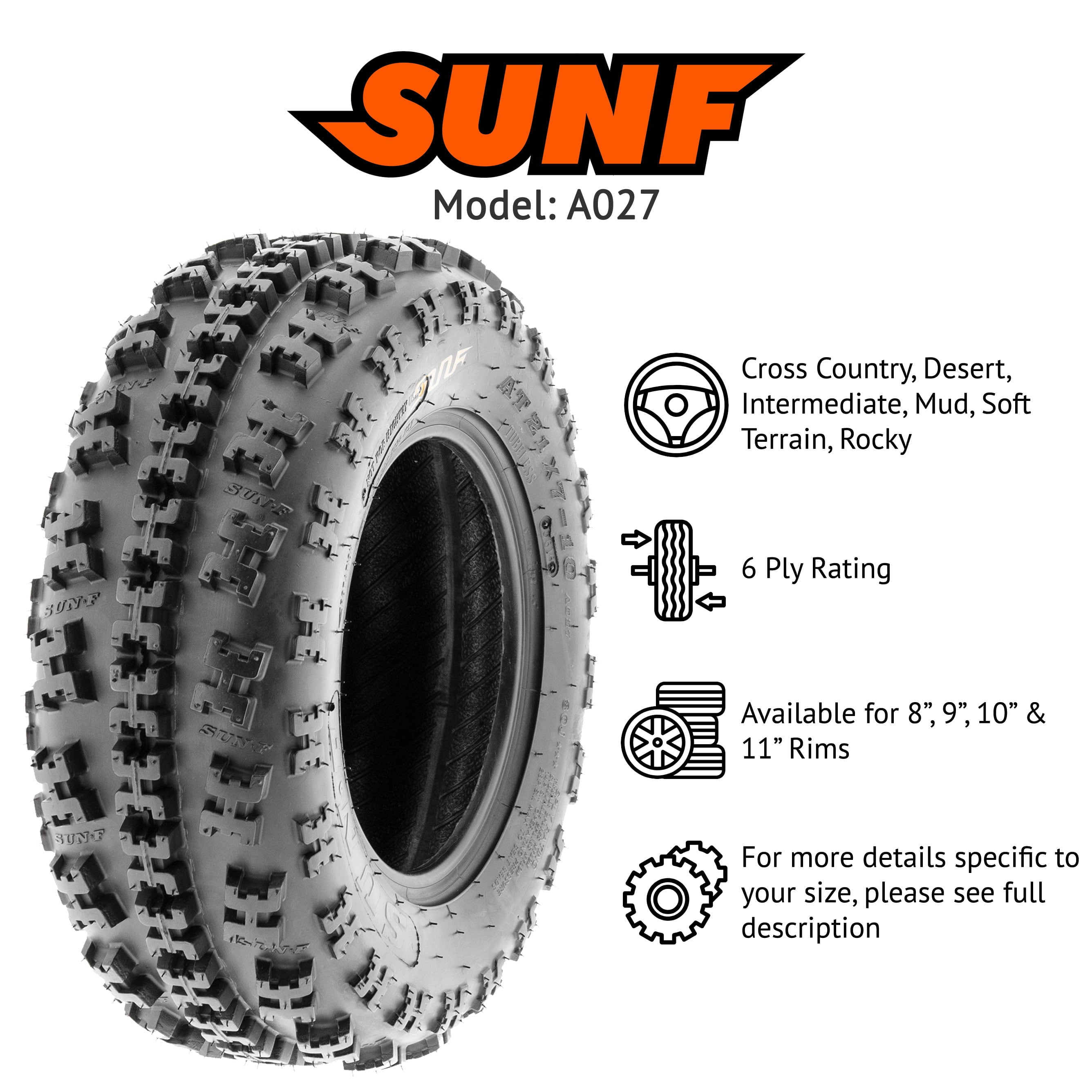 SunF All Terrain ATV UTV Tires 22x7-10 & 20x10-9 6 PR A027 (Complete Full Set of 4)