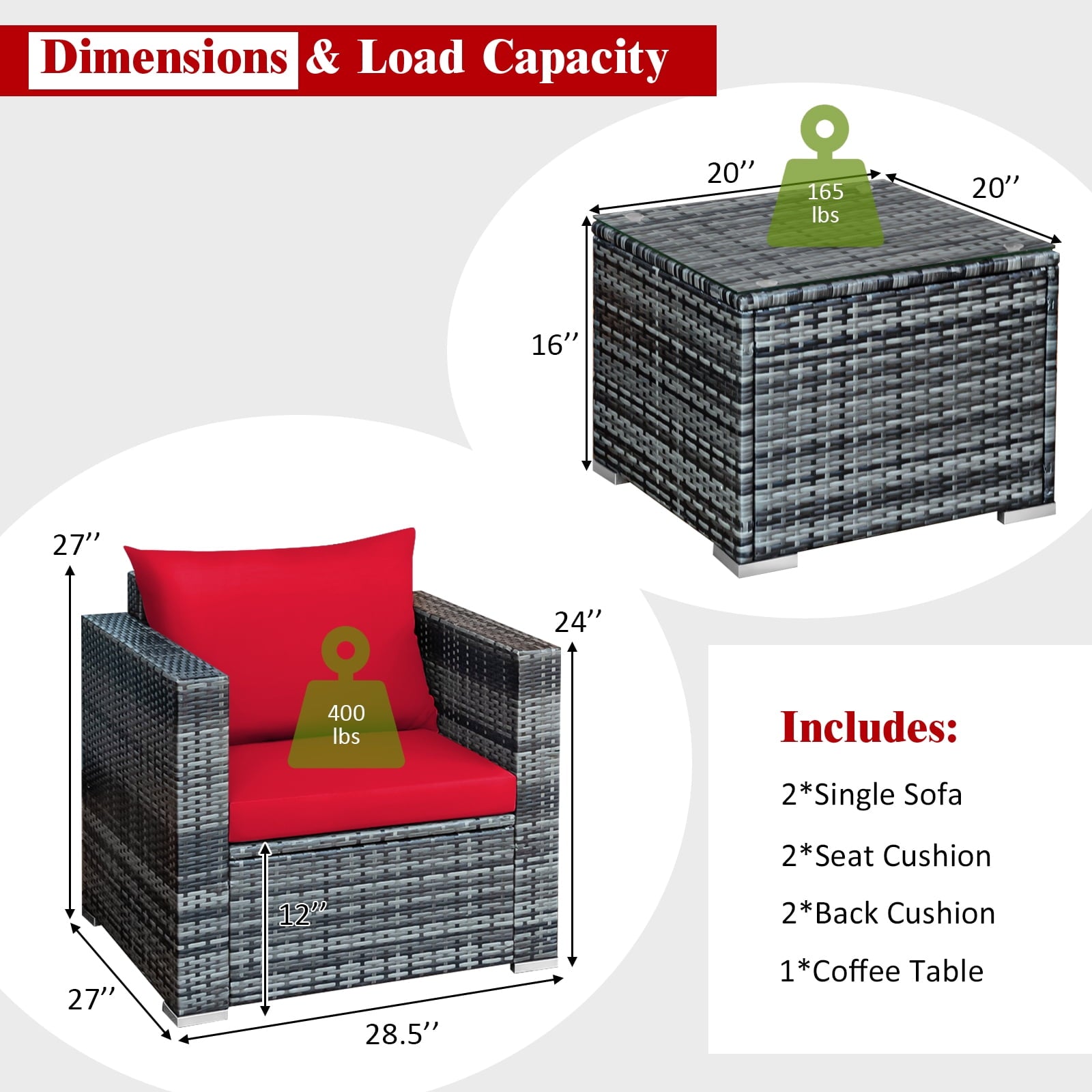 Patiojoy 3-Piece Patio Wicker Conversation Set Bistro Rattan Sofa Chair with Washable Cushion Mix Gray & Red