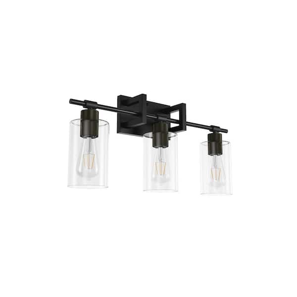 21.6 in. 3-Light Black Bathroom Dimmable Vanity Light with Clear Glass Shades