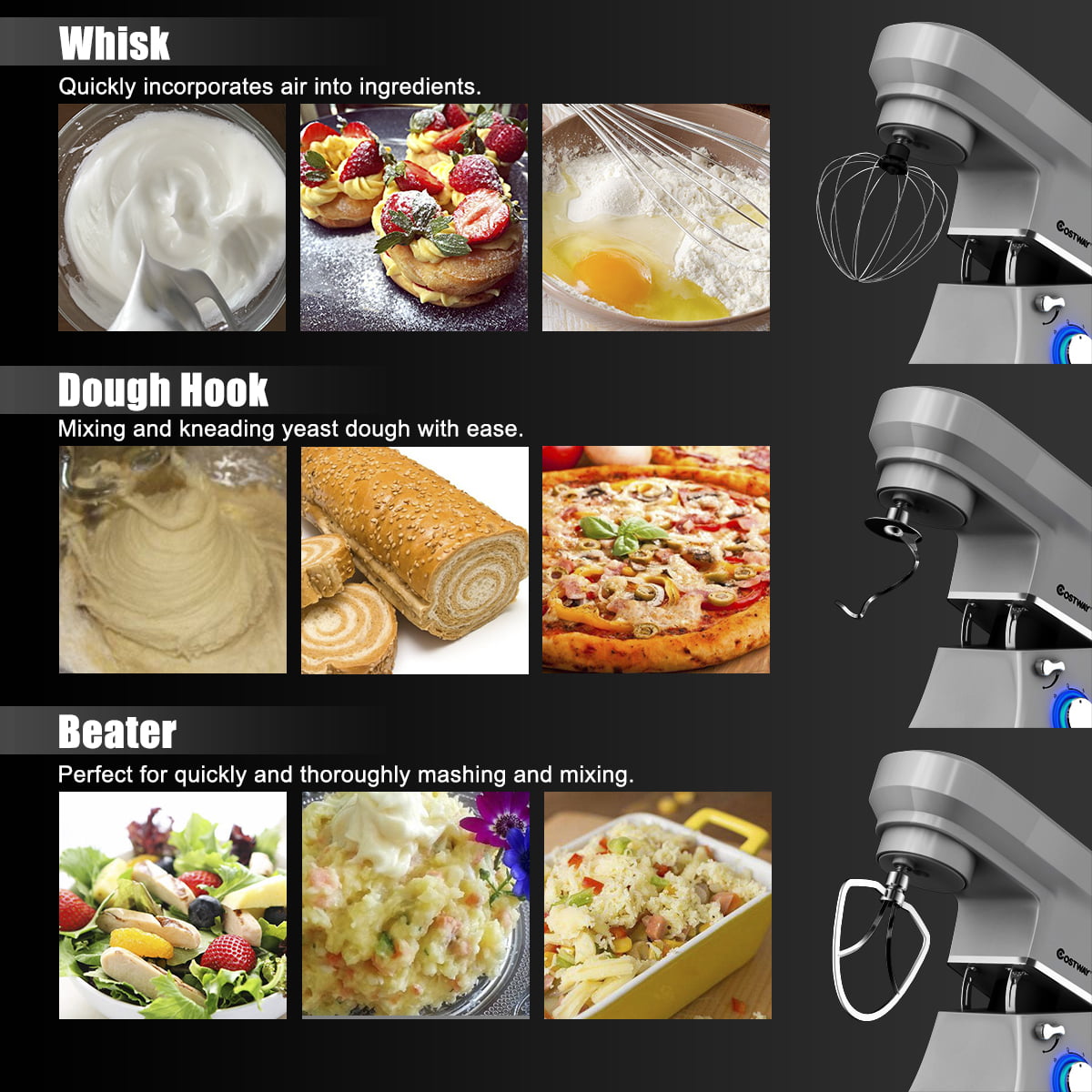 Costway Tilt-Head Stand Mixer 7.5 Qt 6 Speed 660W with Dough Hook, Whisk & Beater Silver