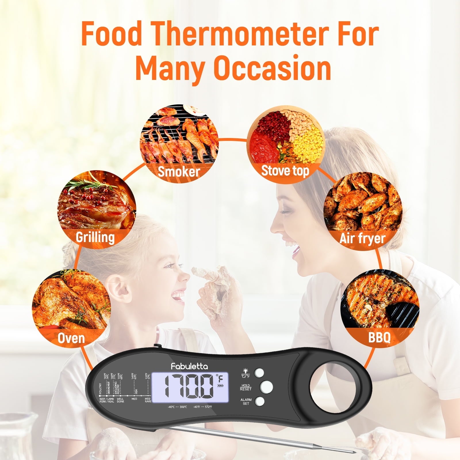 Fabuletta Rechargeable Digital Meat Thermometer - Dual Probe Instant Read Thermometer with Alarm Waterproof Kitchen Food Thermometer for Cooking, Grill, BBQ, Smoker, Candy, Liquids and Oil Frying