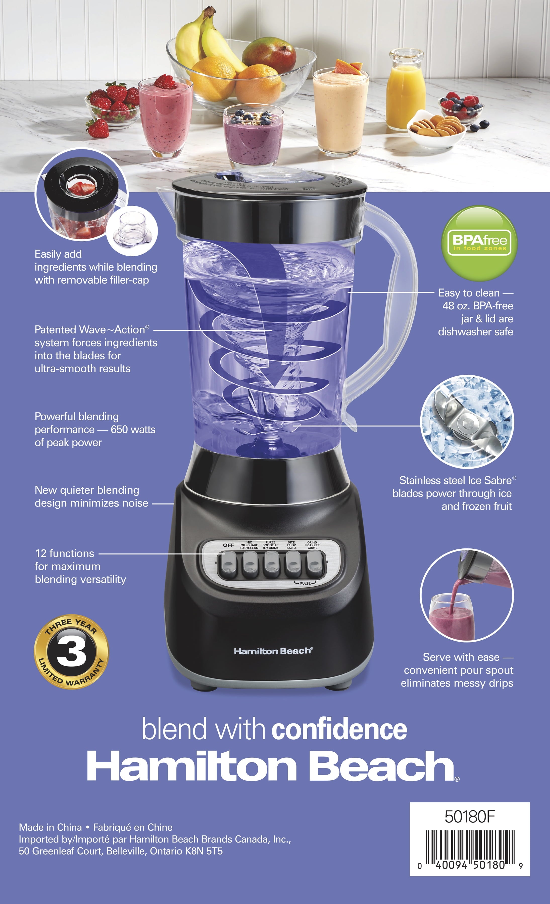 Hamilton Beach Smoothie Blender, 48 oz. Jar, 12 Blending Functions, Black, 50180F