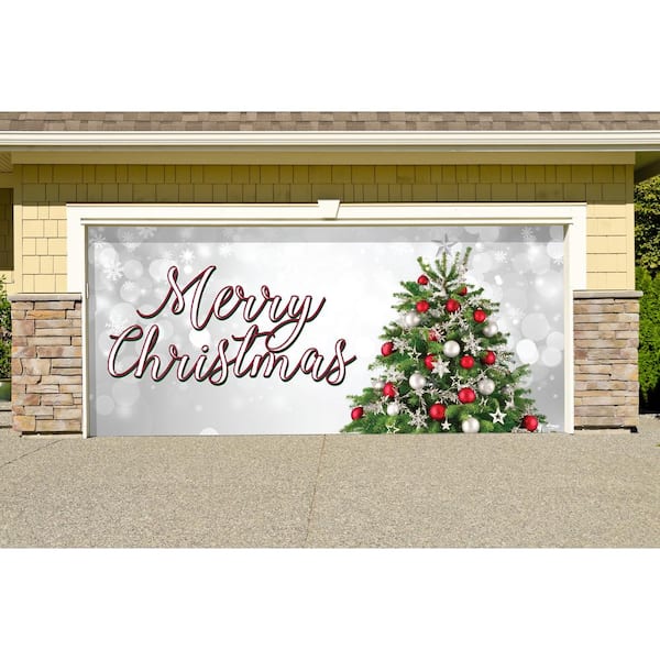 7 ft. x 16 ft. Merry Christmas Tree Christmas Garage Door Decor Mural for Double Car Garage