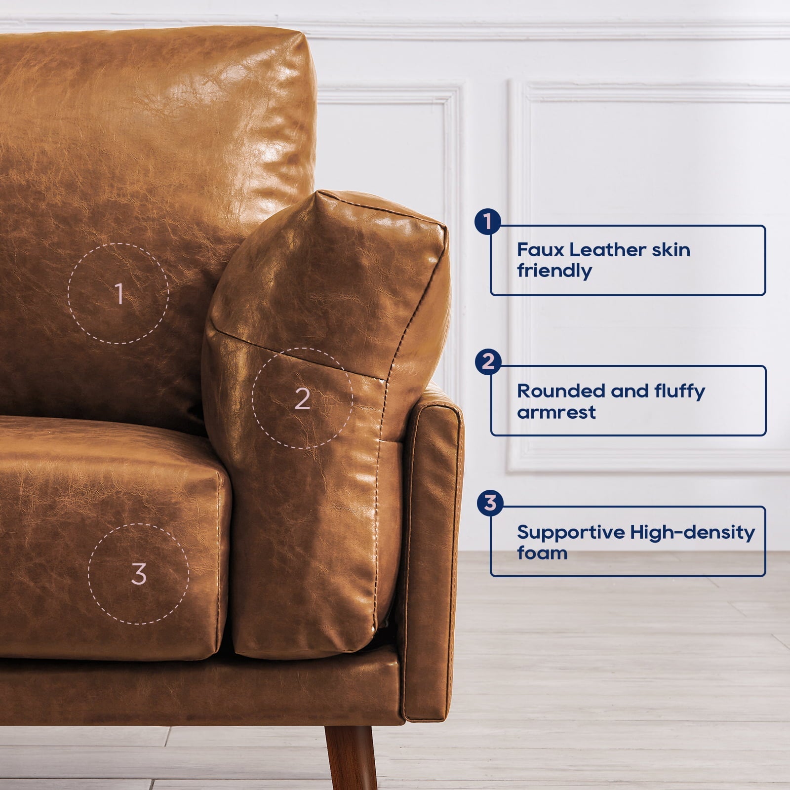 Vonanda Mid Century Modern Sofa Couch, Faux Leather Couch, 3 Seat Couch Soft, 72'' Small Couch for Small Spaces, Sofa for Living room, Compact Apartment, House,Condo, Loft, Bungalow,Brown Sofa,Caramel