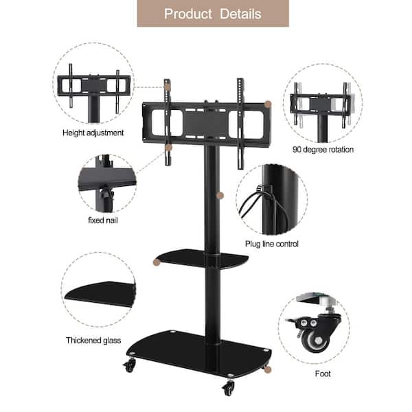 Adjustable Angle Black Adjustable Height TV Mounts TV Stand with 2-Tier Shelf and Wheel