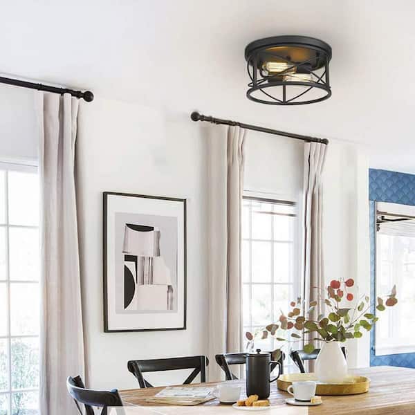 11.8 in. 2-Light Black Finish Farmhouse Ceiling Flush Mount Light Fixture