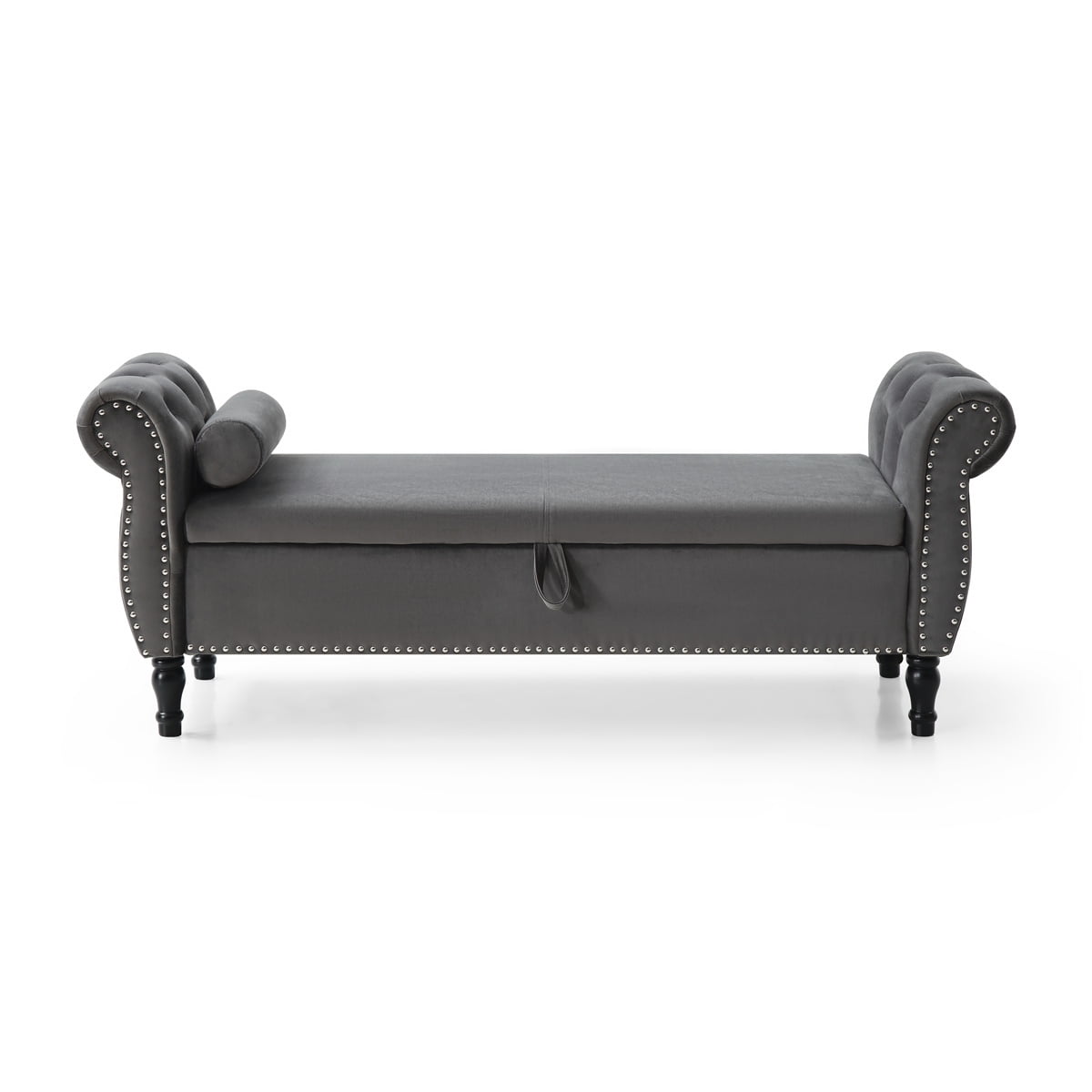 JINS&VICO 63'' Velvet Storage Ottoman Bench, Upholstered Tufted Sofa Stool with Rolled Armrest and Nailhead Trim, Rectangular Chaise Lounge with 1 Pillow for Living Room Bedroom, Gray