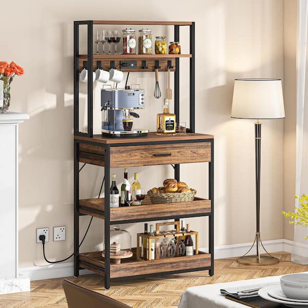 Bachel Vintage Brown Baker's Rack with Power & USB Outlets, 5-Tier Microwave Oven Stand with Drawer and Sliding Shelves