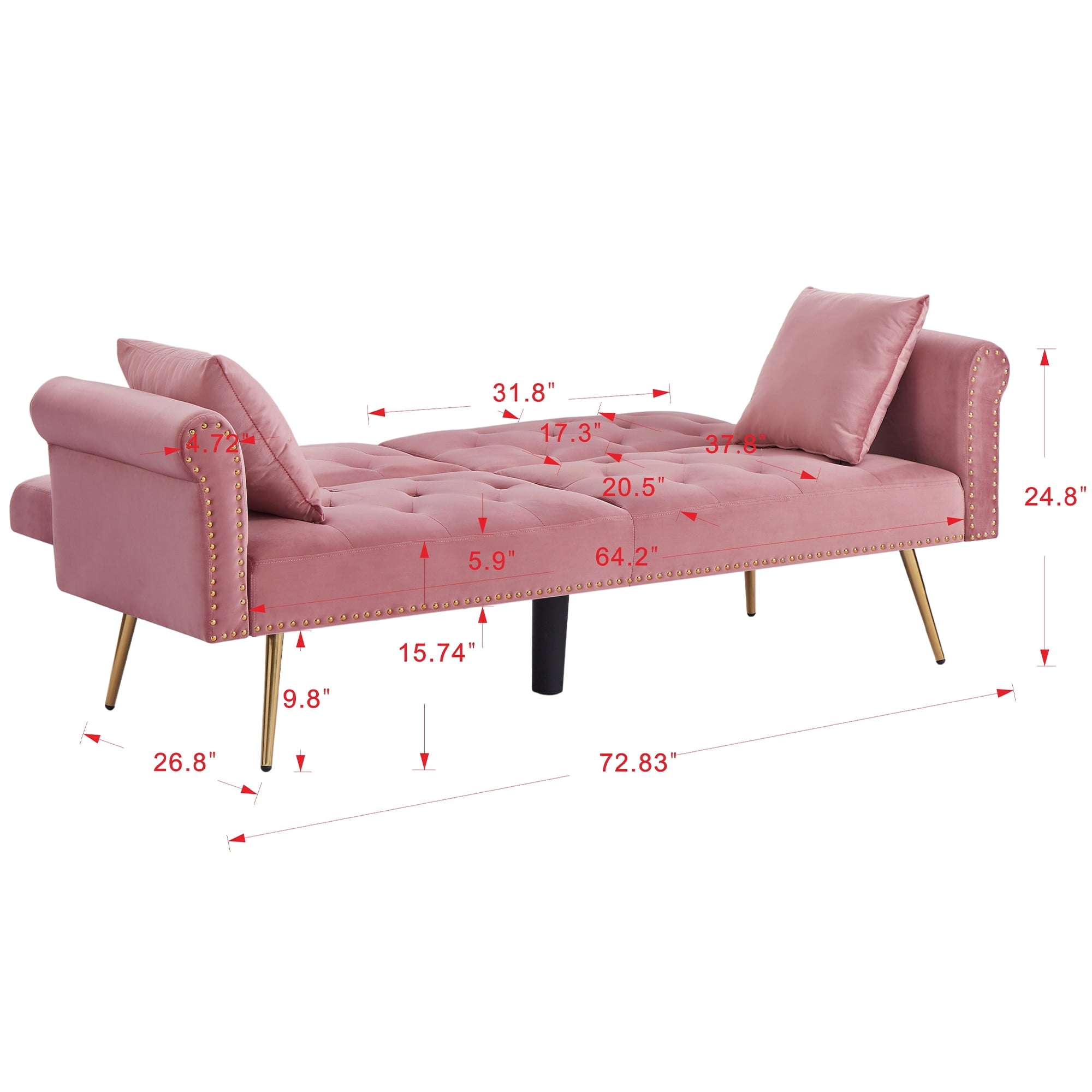 uhomepro Modern Sofa Bed, Convertible Sleeper Sofa with Metal Legs, 2 Pillows, Upholstery Fabric Futon Sofa Bed, Love Seat Living Room Bedroom Furniture for Small Space Office, Pink