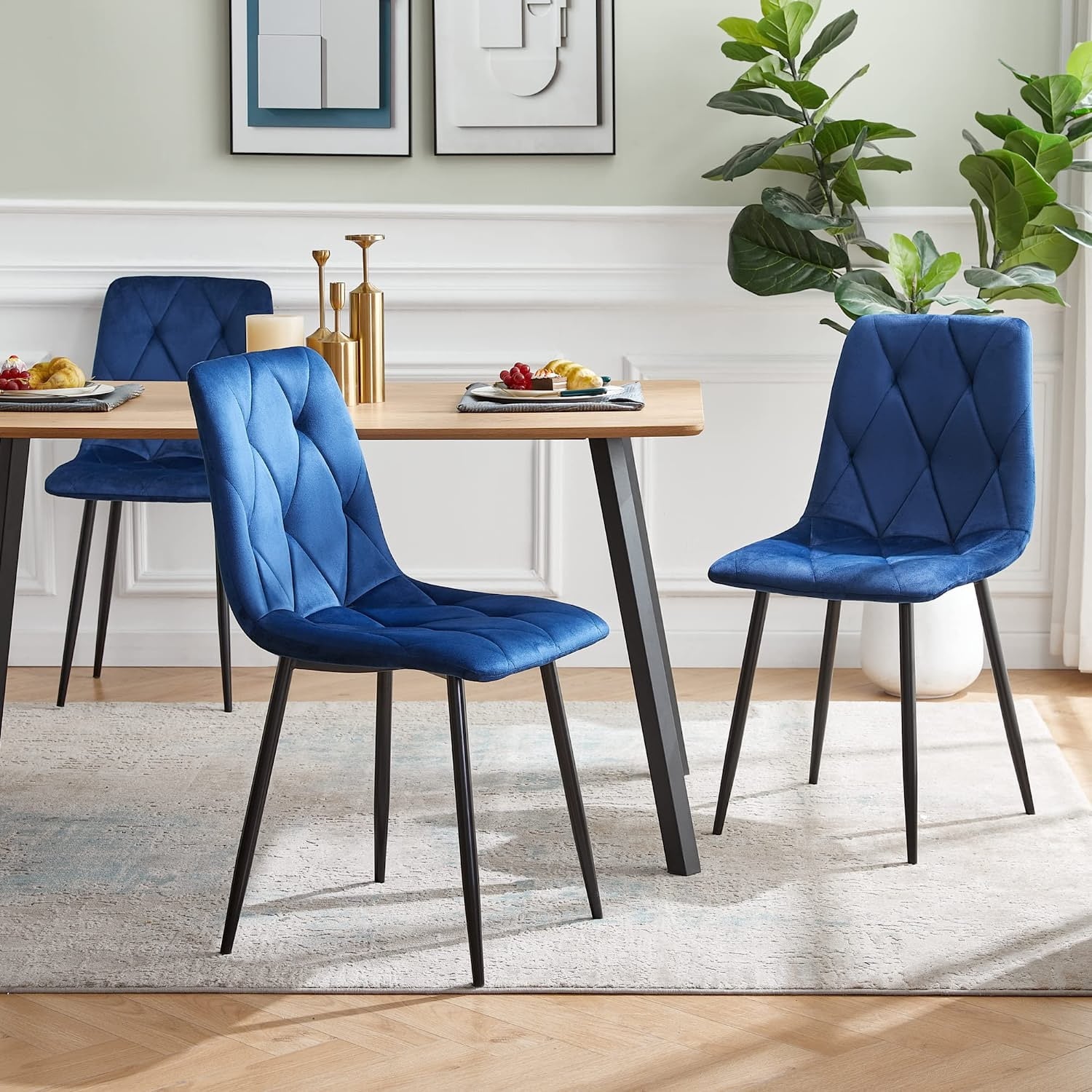 YEAG Velvet Dining Chair,Armless Modern Side Chair,Set of 4,Blue